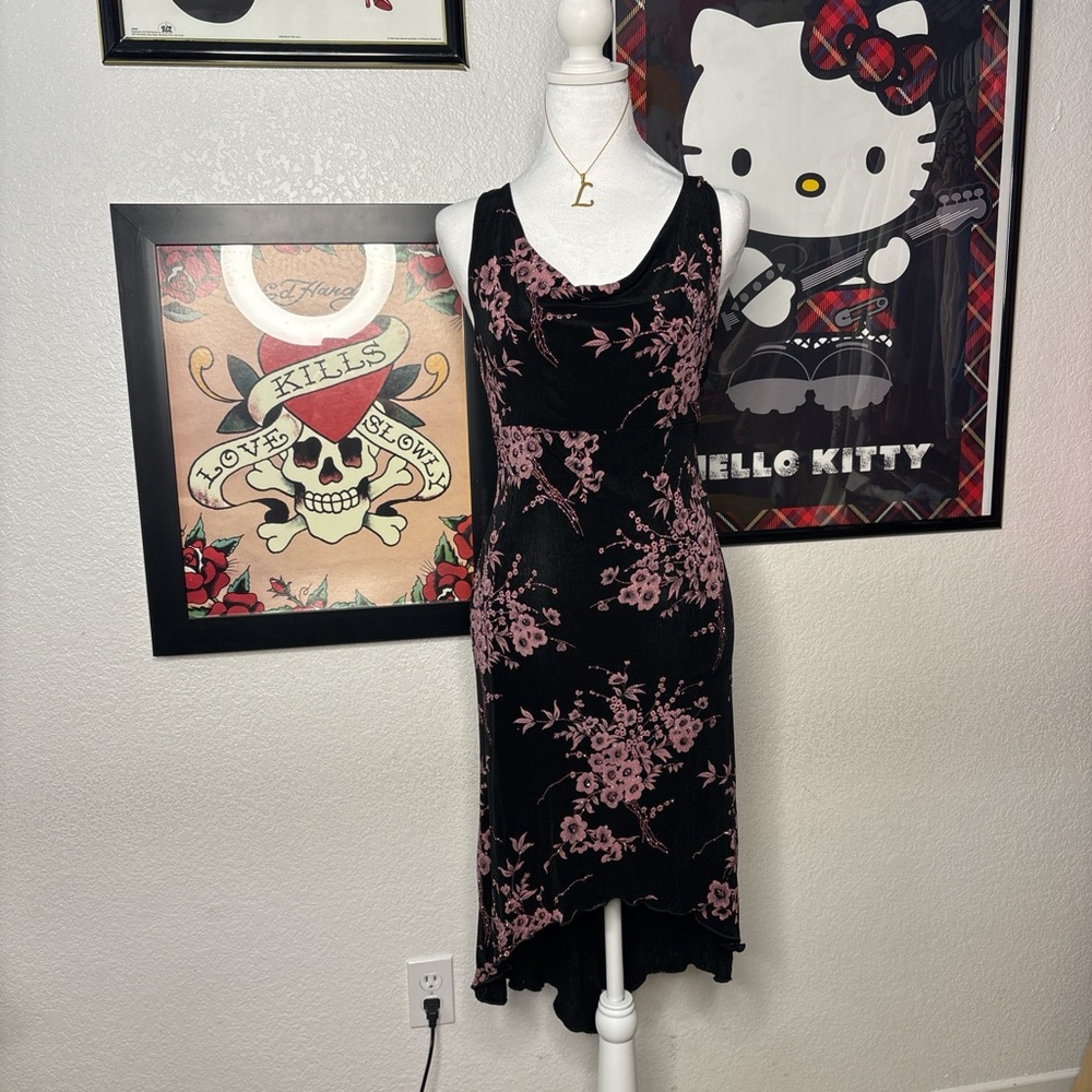 Charlotte Russe Black Pink Glitter Floral Dress Y2K Whimsygoth - Picture 1 of 8